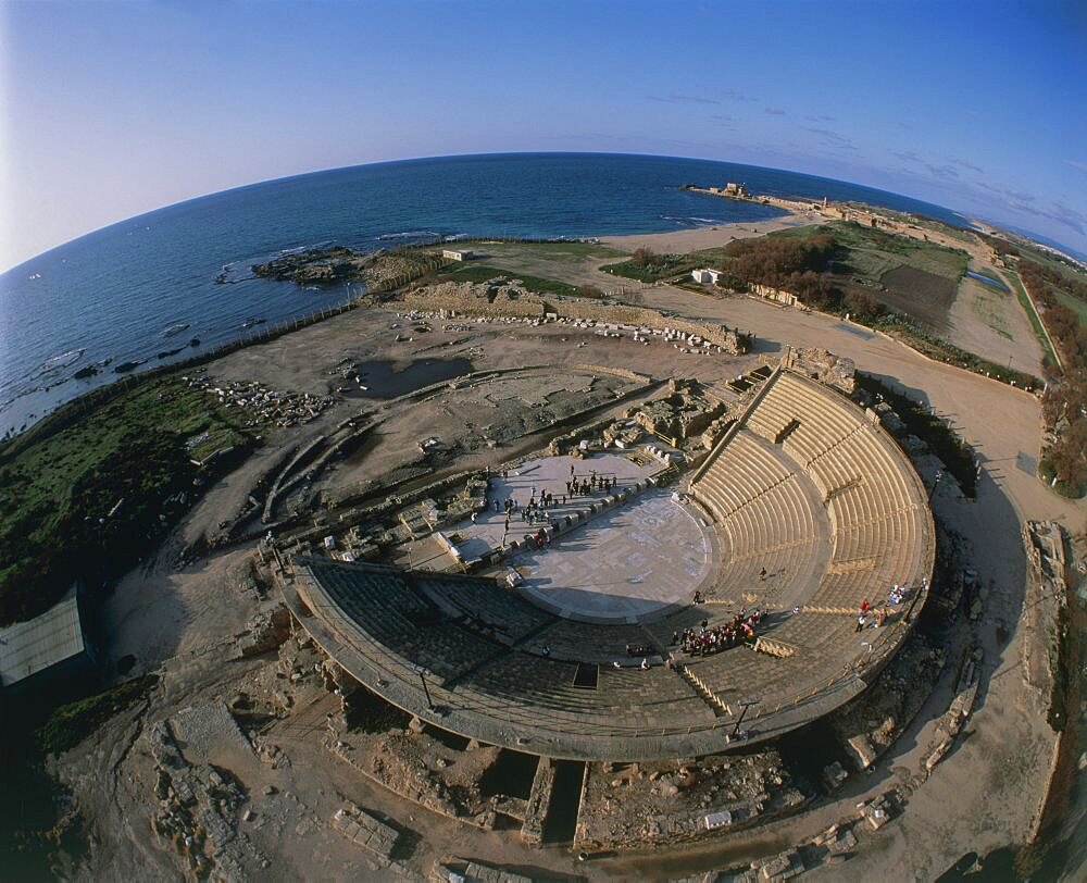 Aerial Roman Theater in the ancient city of Caesarea in the coastal plain, Israel