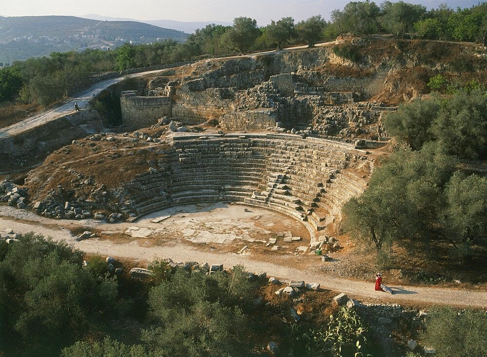 Aerial ruins of the amphitheater in the ancient city of Sebastia, Israel