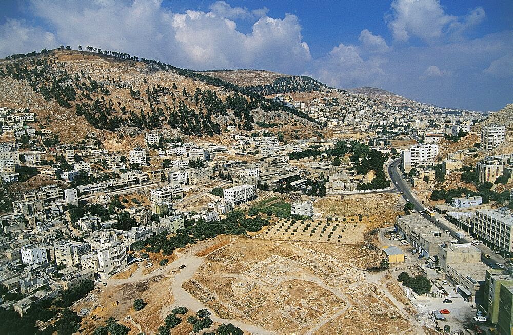 Aerial ruins of Tel Balata in the modern town of Nablus, Israel