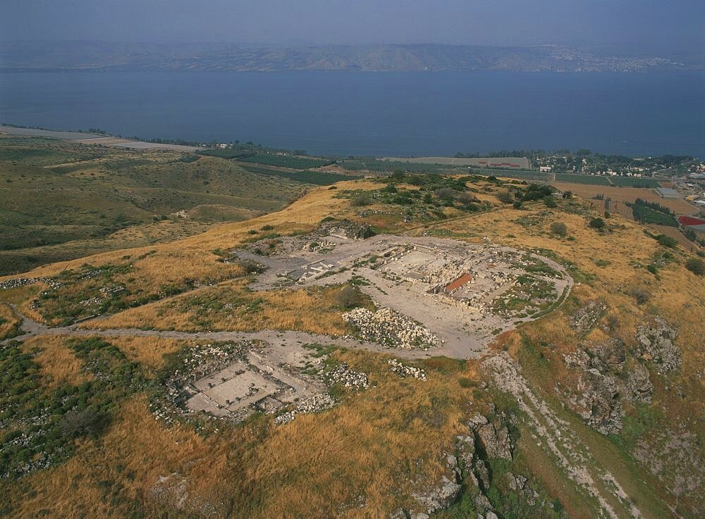 Aerial ruins of the ancient city of Sussita in the southern Golan heights, Israel