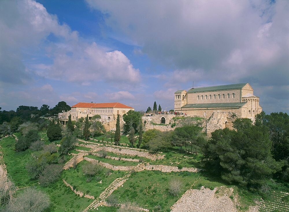 Aerial Church of Transfiguration on the summit of mount Tavor in the Lower Galilee, Israel