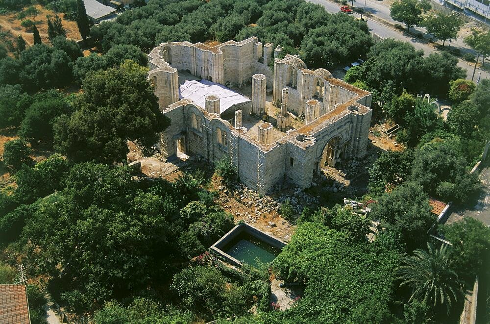 Aerial photograph of a ruined Church at the traditional location of Jacob's Well, Israel