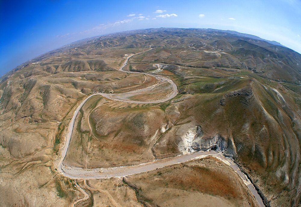 Aerial view of the Judea Desert plateau and the Dead Sea, Israel