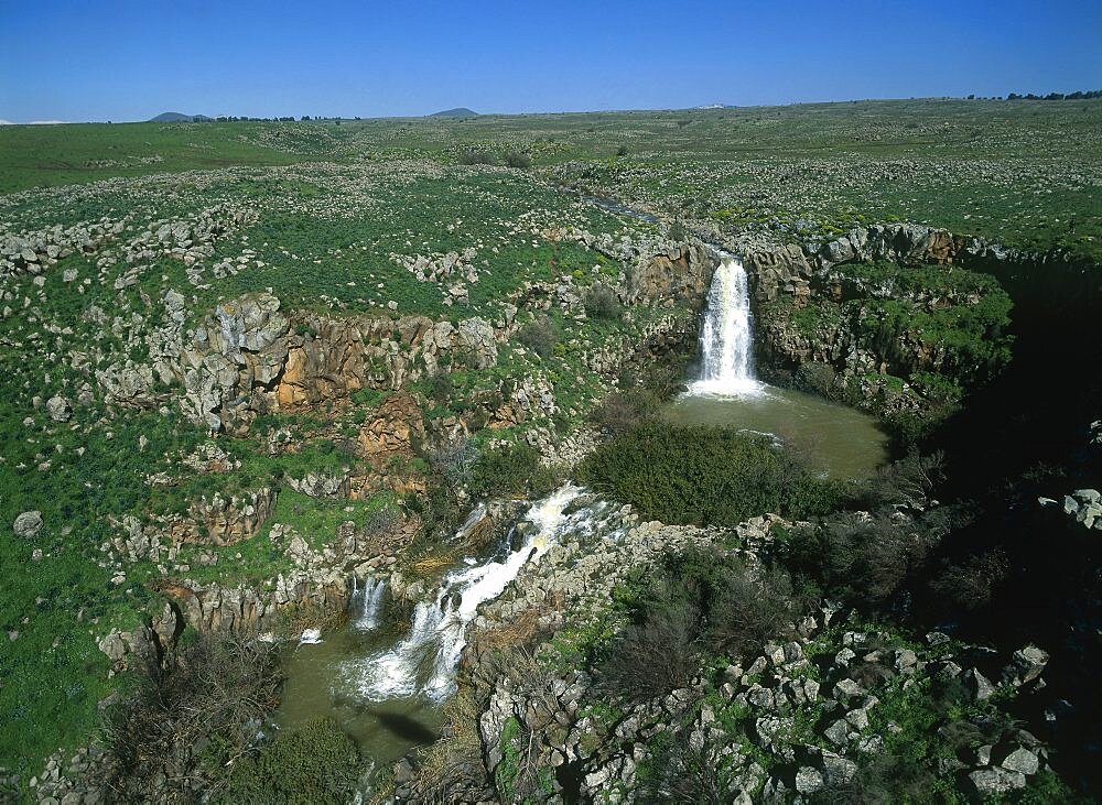 Aerial Irusim waterfall in the central Golan Heights, Israel