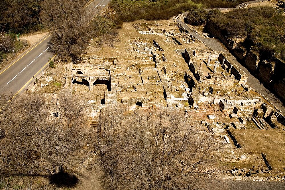 Aerial ruins of the Roman city Banias in the Northern Golan Heights, Israel