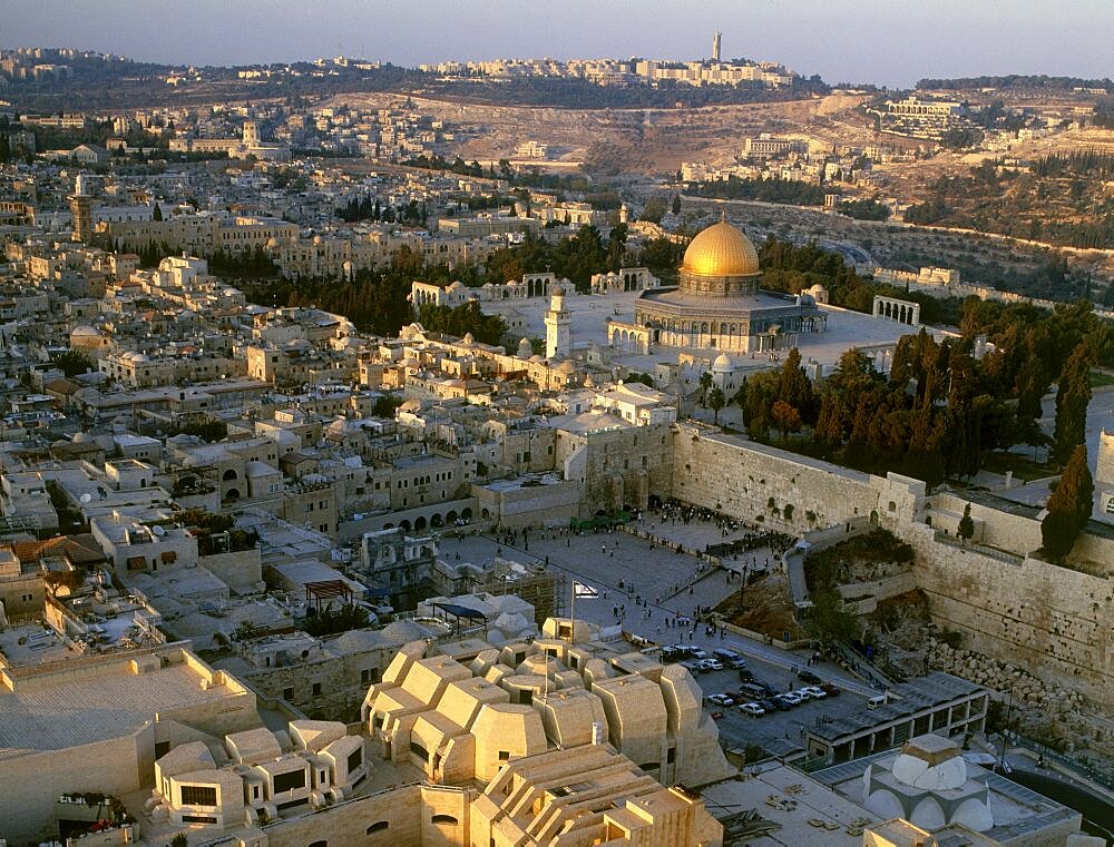 Aerial western wall and the Temple mount in the old city of Jerusalem, Israel