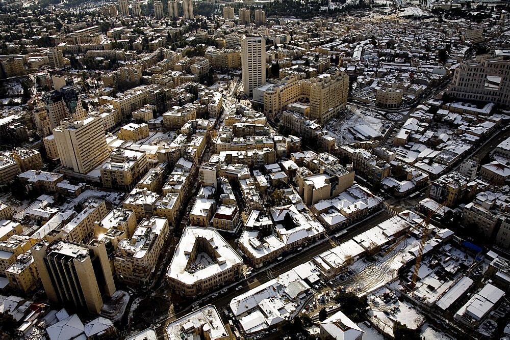 Aerial Zion square in western Jerusalem after snow, Israel