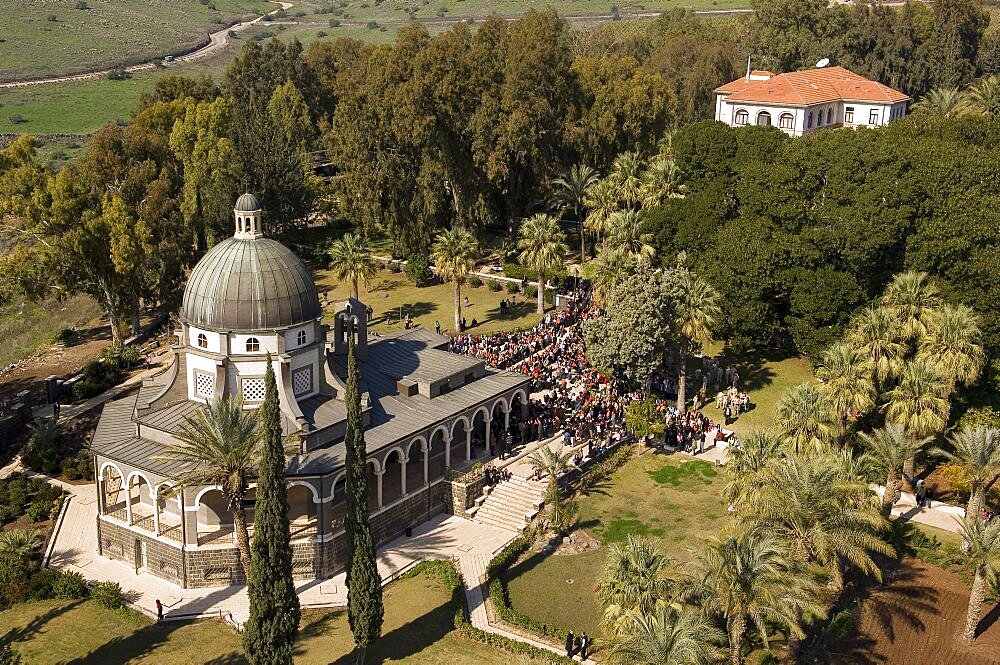 Aerial mount of Beatitudes in the Sea of Galilee, Israel