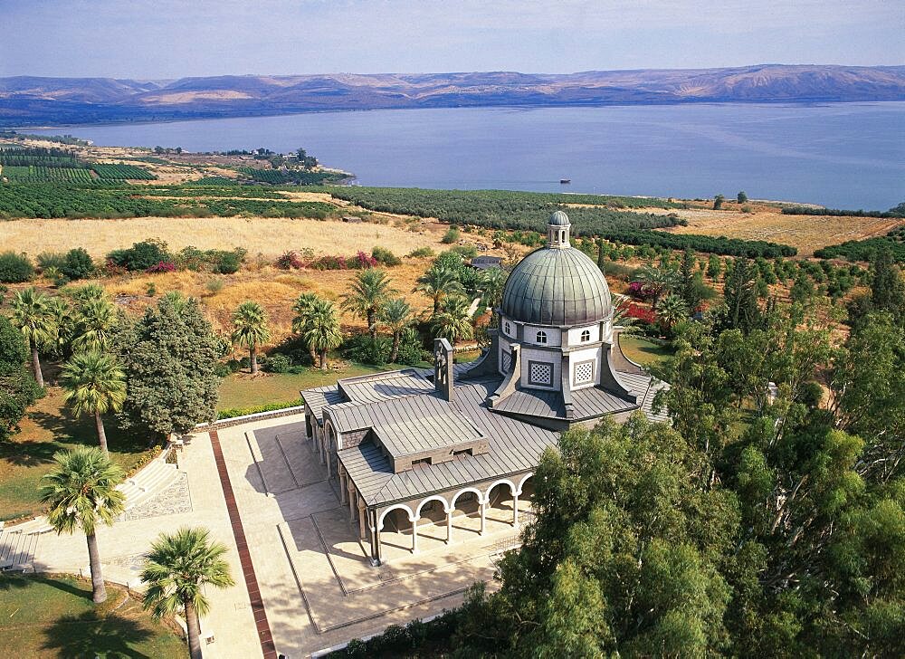 Aerial mount of the Beatitudes near the Sea of Galilee, Israel