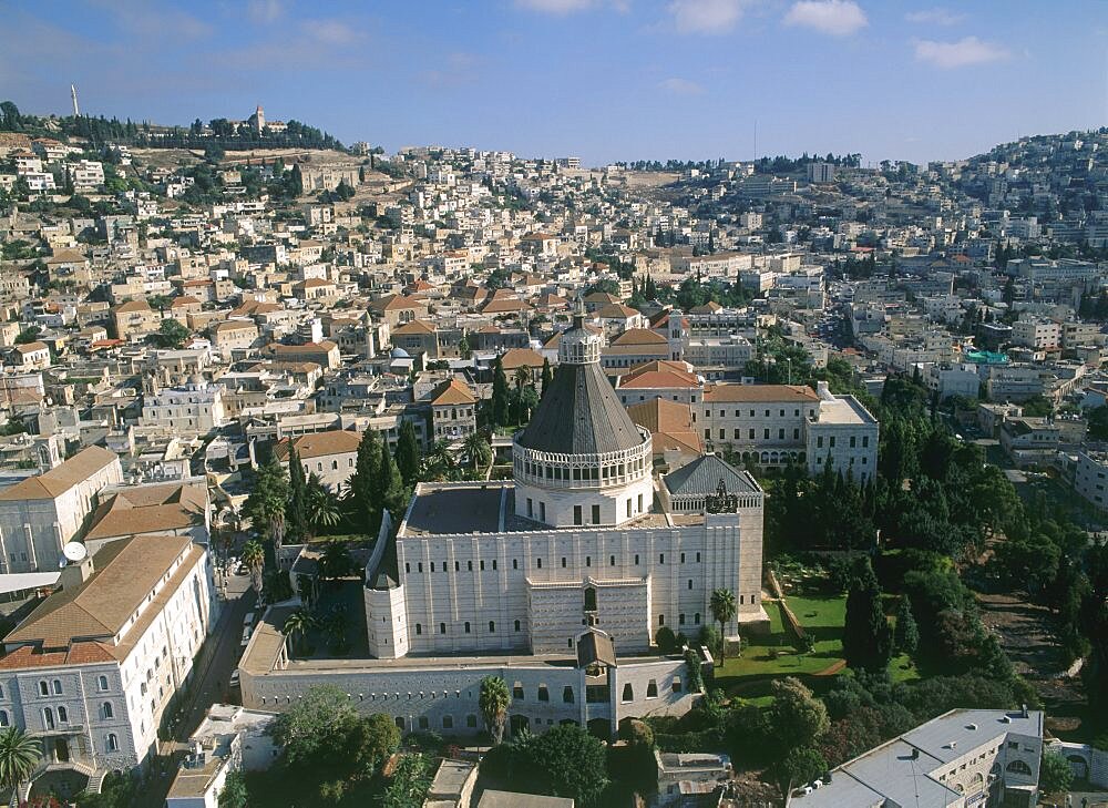 Aerial Church of the Annunciation in the modern city of Nazareth in the Lower Galilee, Israel