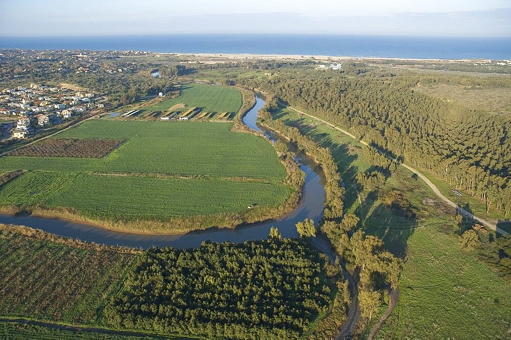 Aerial Alexander stream near the village of Beit Yannai in the Coastal plain, Israel