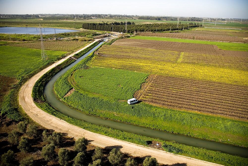 Aerial photograph of an open canal in the northern Sharon, Israel