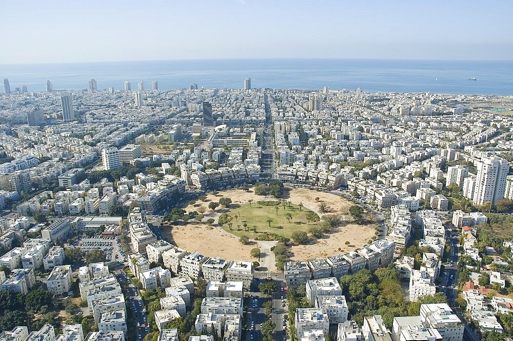 Aerial photograph of Kikkar Hamedina in Tel Aviv, Israel