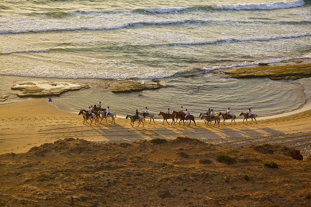 Aerial photograph of a group of people horseback riding on the beach at sunset, Israel