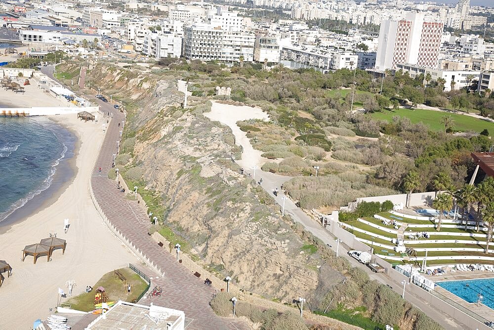 Aerial photograph of the coastline of Northern Tel Aviv, Israel