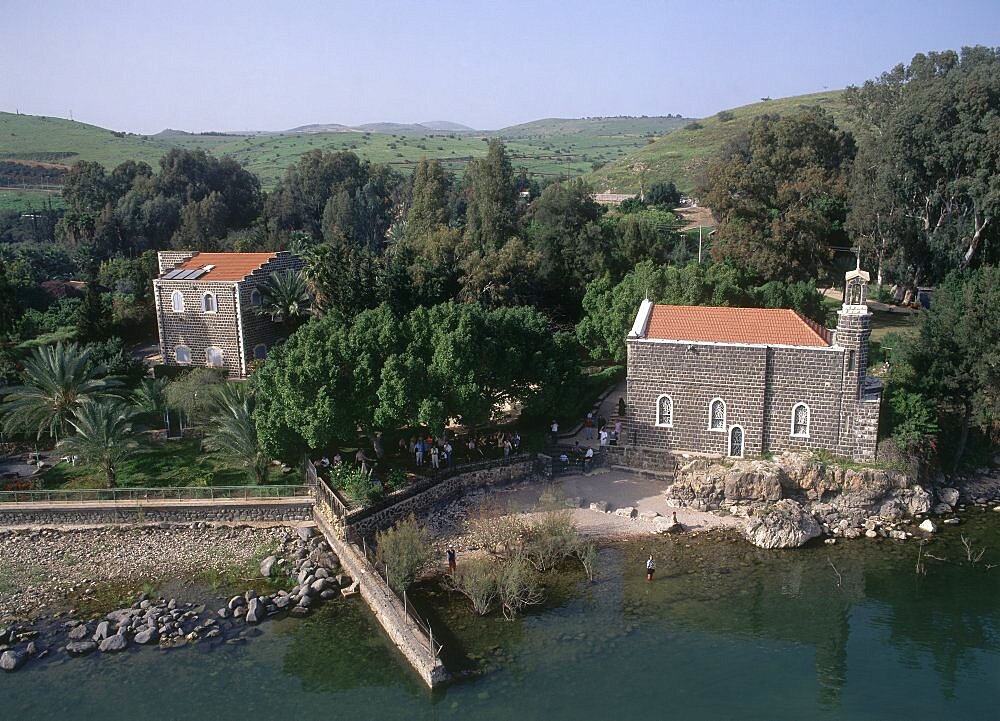 Aerial photograph of the church of Tabgha by the Sea of Galilee, Israel