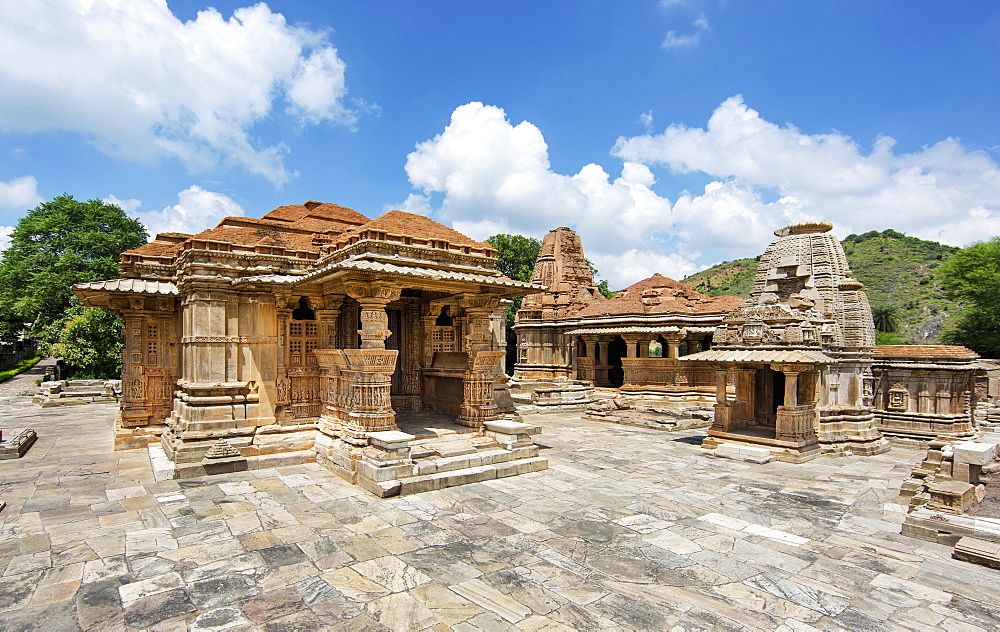 The Sas-Bahu Temples consisting of two temples and a stone archway with exquisite carvings depicting Hindu deities, near Udaipur, Rajasthan, India, Asia