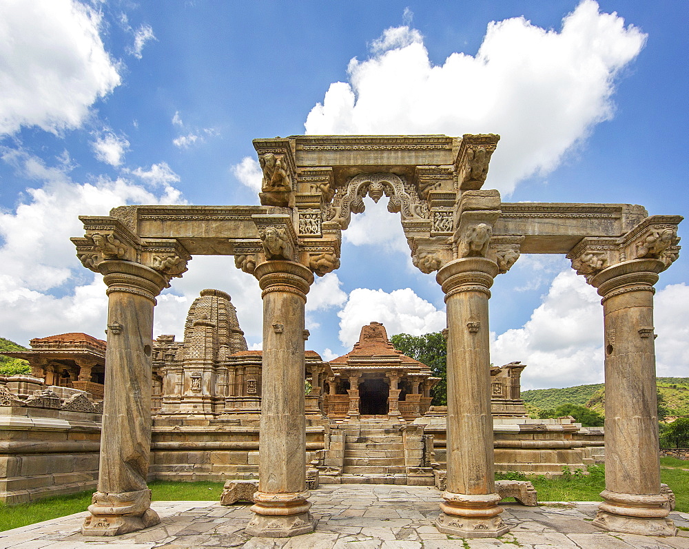 The Sas-Bahu Temples consisting of two temples and a stone archway with exquisite carvings depicting Hindu deities, near Udaipur, Rajasthan, India, Asia