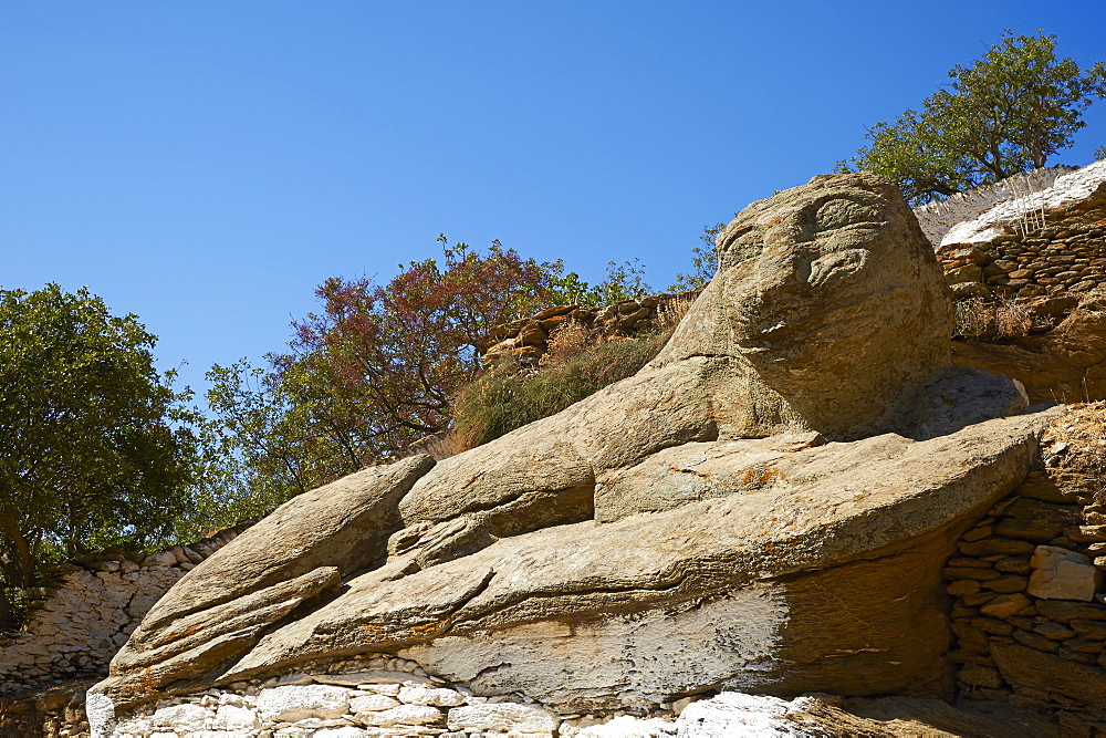 The ancient Lion of Kea dating from 600BC, one of the oldest sculptures in Greece, Ioulis (Khora), Kea Island, Cyclades, Greek Islands, Greece, Europe