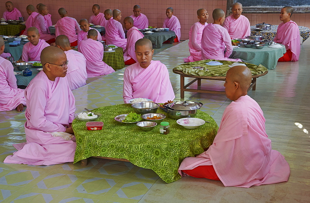 Nuns at lunch, Yangon (Rangoon), Myanmar (Burma), Asia