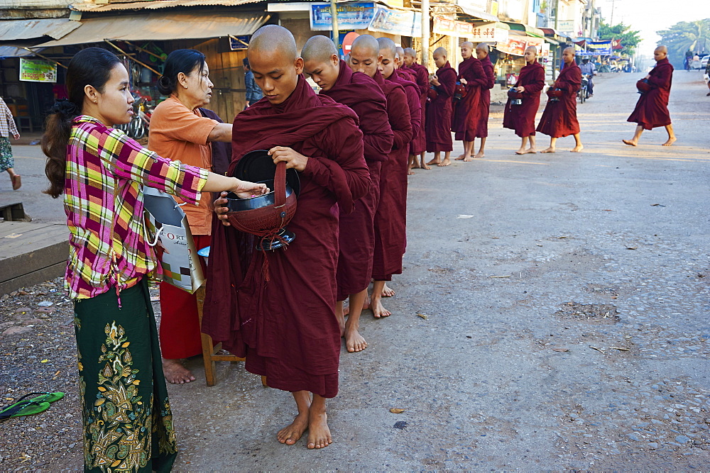 Buddhist monks procession receive offerings, Mawlamyine (Moulmein), Mon State, Myanmar (Burma), Asia