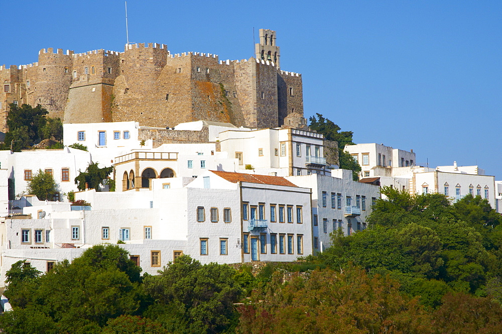 Monastery of St. John the Theologian, fortress and Hora, UNESCO World Heritage Site, Skala, Patmos, Dodecanese, Greek Islands, Greece, Europe