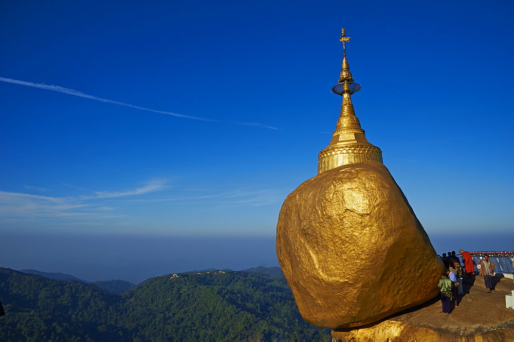 Monk and pilgrims, Kyaiktiyo Golden Rock, Mon State, Myanmar (Burma), Asia