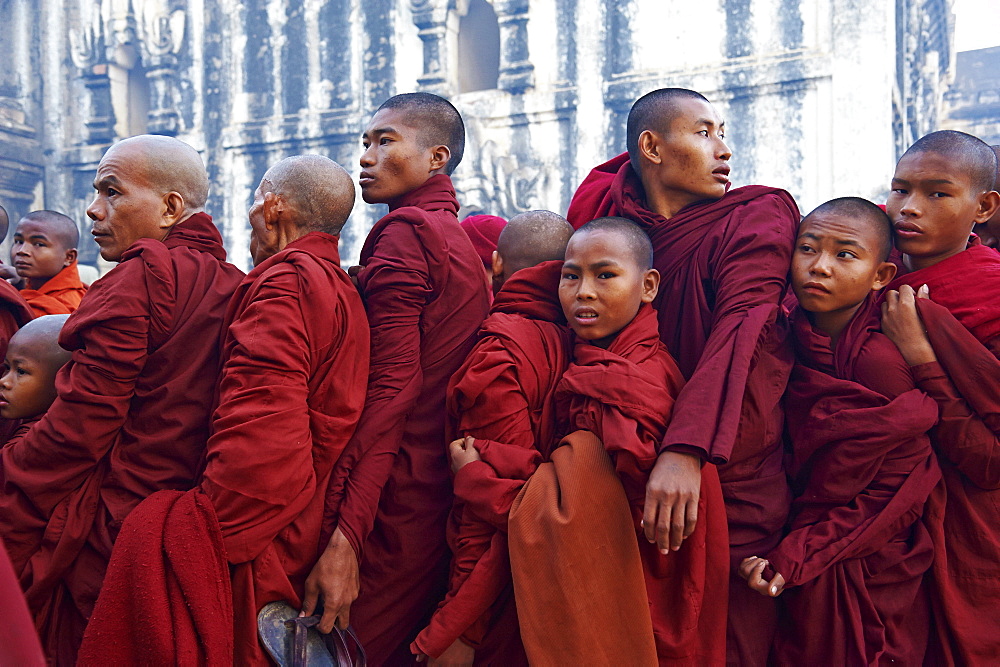 Monks in procession during Full Moon Festival, Patho Ananda temple, Bagan (Pagan), Myanmar (Burma), Asia