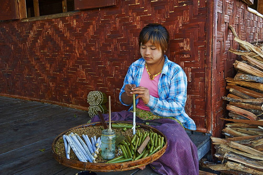 Burmese woman making cigars, Nampan village, Inle Lake, Shan State, Myanmar (Burma), Asia