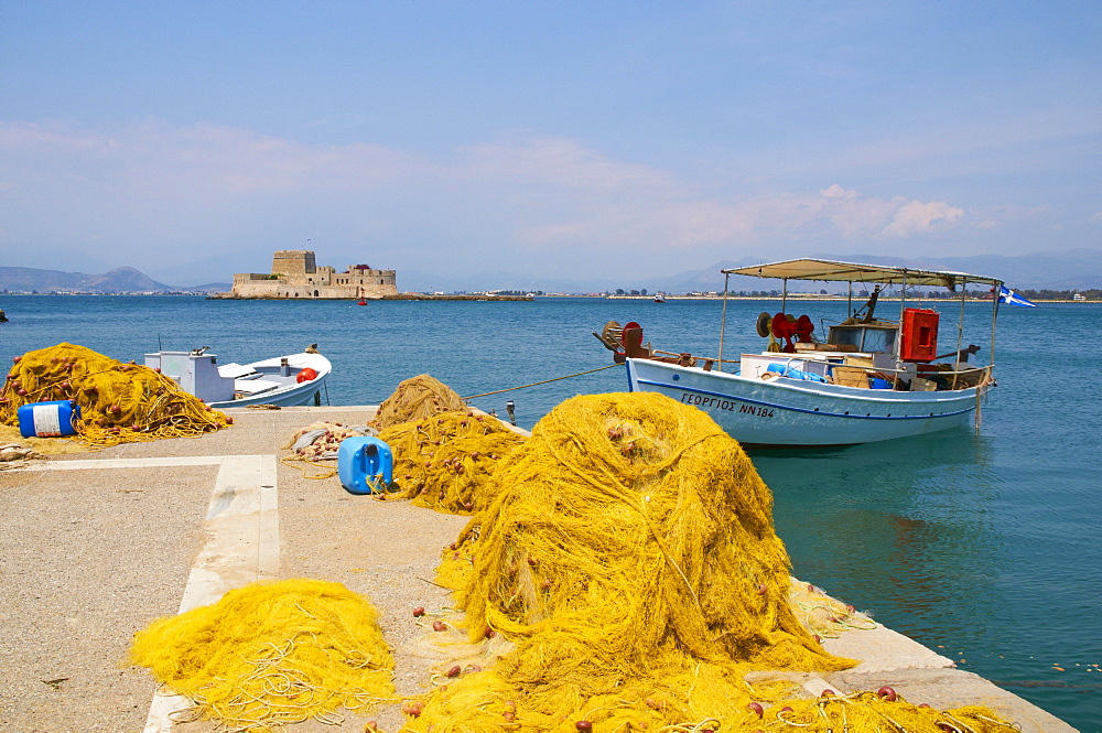 Fishing boat in harbour, Nafplion, Peloponnese, Greece, Europe