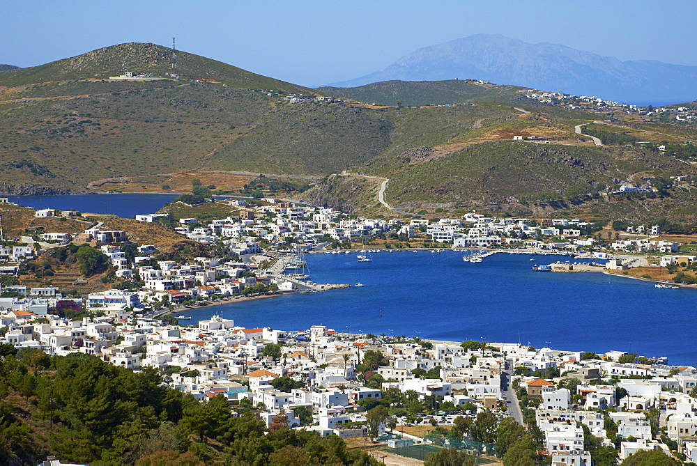 View over Skala, Patmos, Dodecanese, Greek Islands, Greece, Europe