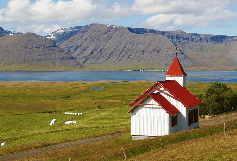 Hrafnseyri church, Arnarfjordur Fjord, Westfjord, Iceland, Polar Regions