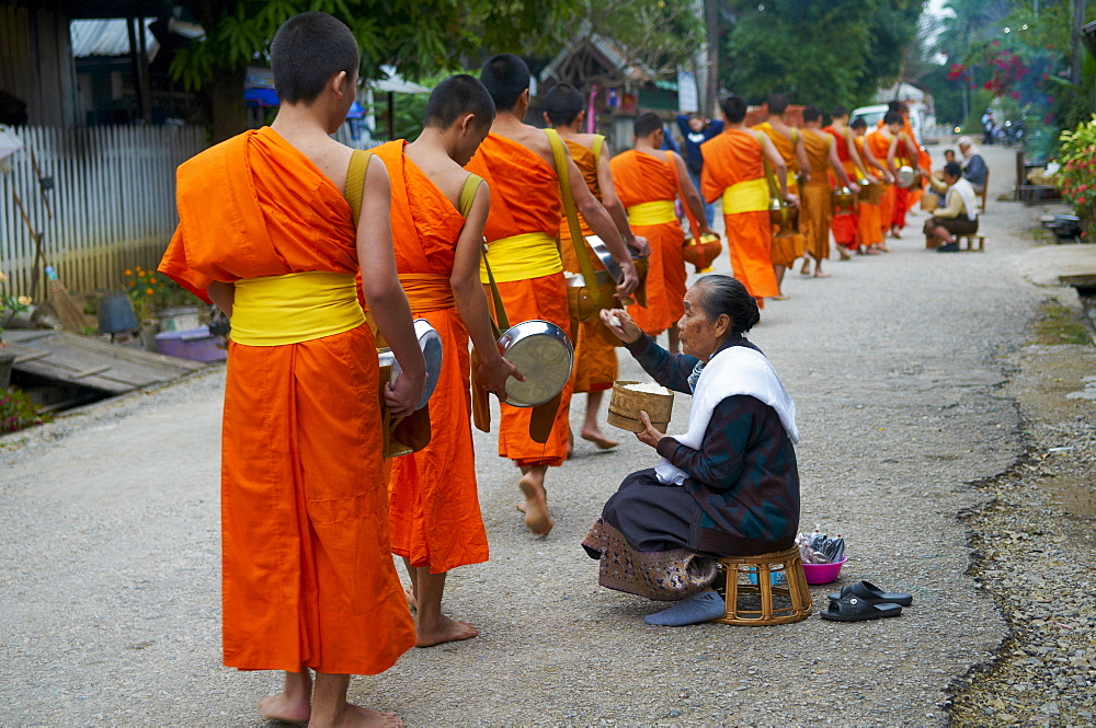 Procession of Buddhist monks collecting alms and rice at dawn, Luang Prabang, Laos, Indochina, Southeast Asia, Asia