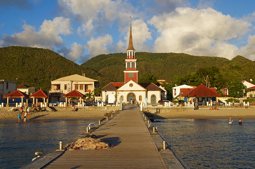 Church and pontoon, Grande Anse, Les Anses d'Arlet, Martinique, Windward Islands, French Overseas Department, West Indies, Caribbean, Central America