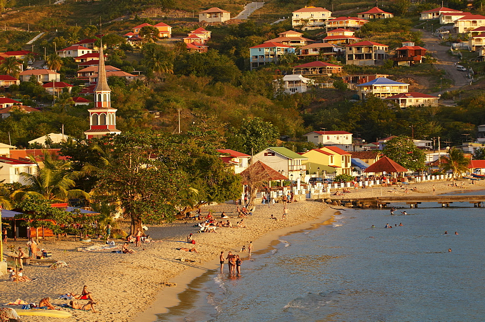 Beach and church, Grande Anse, Les Anses d'Arlet, Martinique, Windward Islands, French Overseas Department, West Indies, Caribbean, Central America