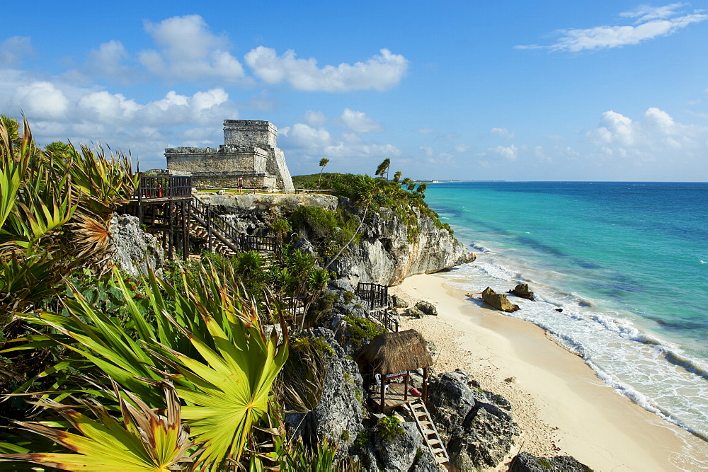 Tulum beach and El Castillo temple at ancient Mayan site of Tulum, Tulum, Quintana Roo, Mexico, North America