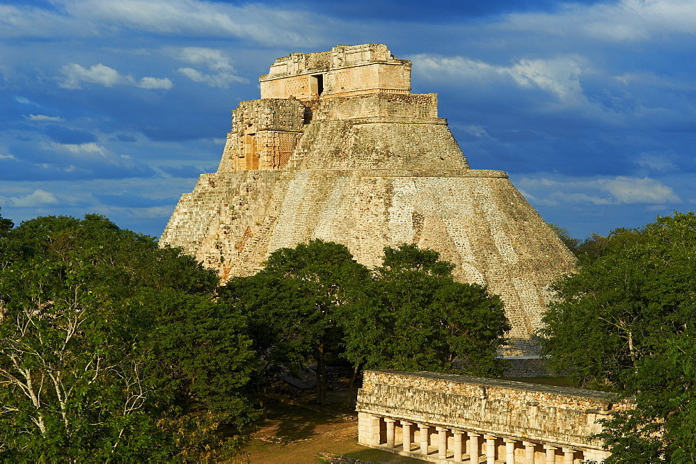 Pyramid of the Magician and The Ball Game Field, Mayan archaeological site, Uxmal, UNESCO World Heritage Site, Yucatan State, Mexico, North America