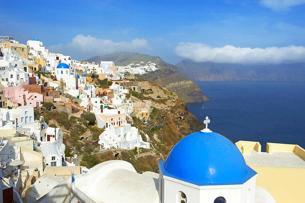 Church with blue dome, Oia (Ia) village, Santorini, Cyclades, Greek Islands, Greece, Europe