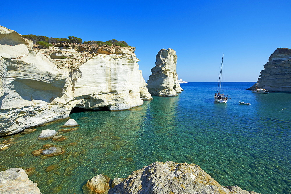 Kleftiko bay, white cliffs of Kleftiko, Milos, Cyclades Islands, Greek Islands, Aegean Sea, Greece, Europe