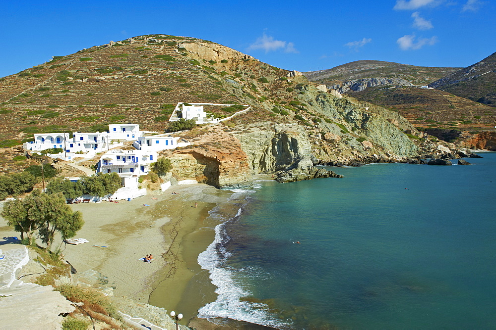 Beach and village, Angali, Folegandros, Cyclades Islands, Greek Islands, Aegean Sea, Greece, Europe