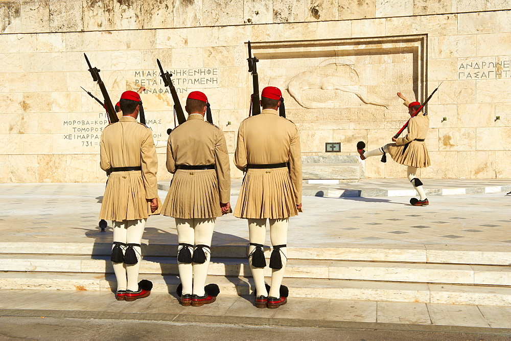 Evzone, Greek guards during the changing of the guard ceremony, Syntagma Square, Parliament Buildings, Athens, Greece, Europe