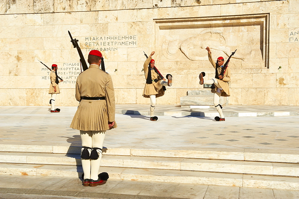 Evzone, Greek guards during the changing of the guard ceremony, Syntagma Square, Parliament Buildings, Athens, Greece, Europe