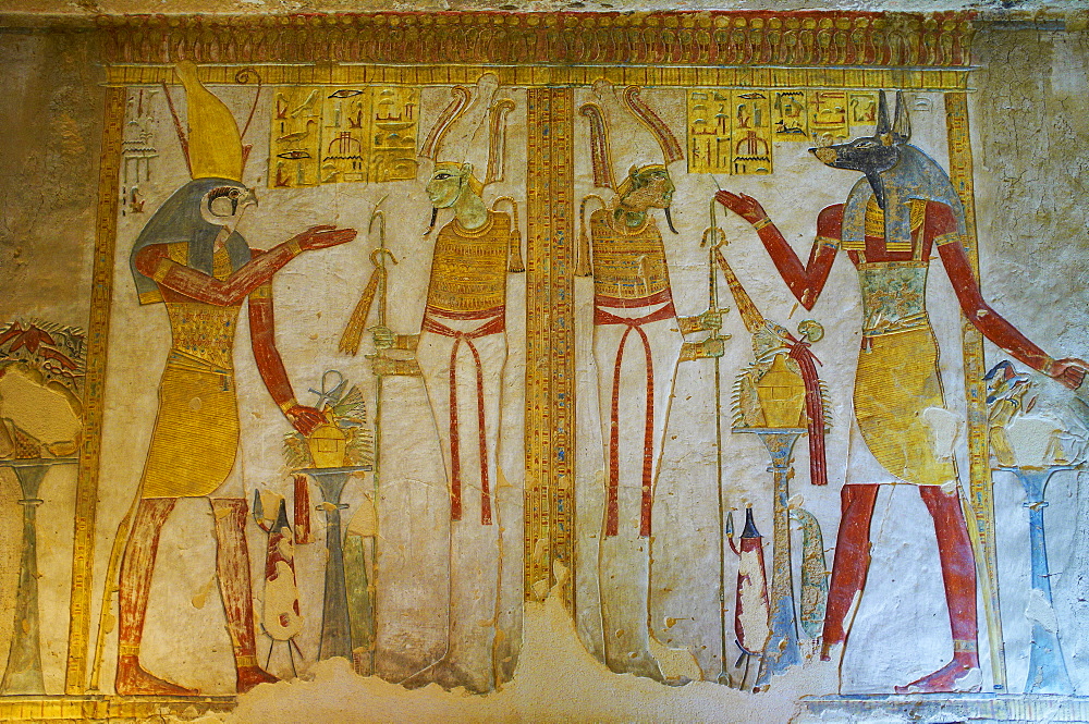 Bas-relief painted on the walls of the royal tomb, Setnakht tomb, Valley of the Kings, Thebes, UNESCO World Heritage Site, Egypt, North Africa, Africa