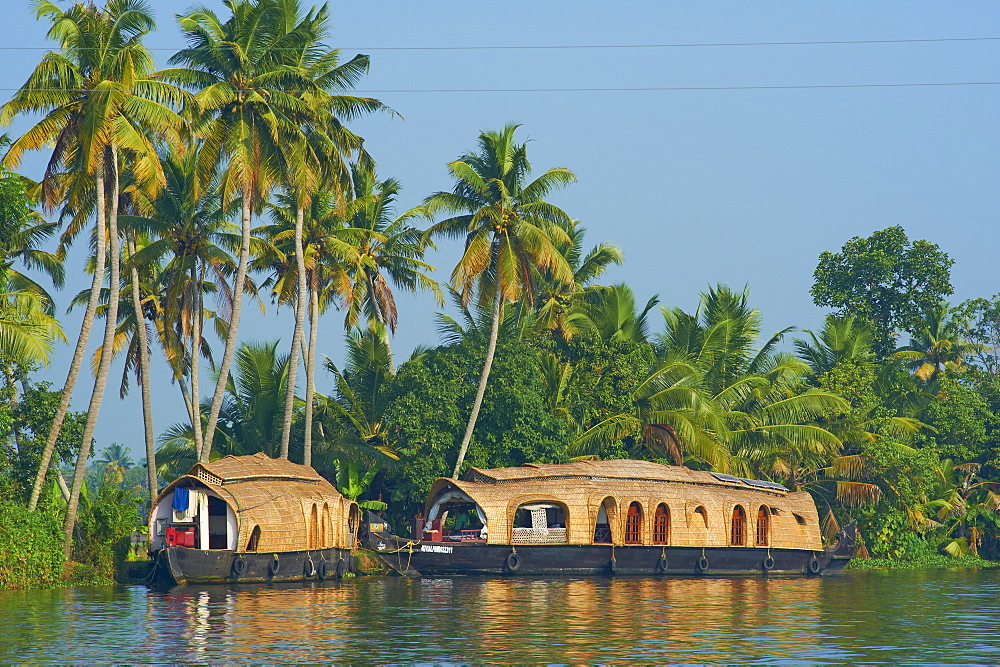 Houseboat for tourists on the backwaters, Allepey, Kerala, India, Asia