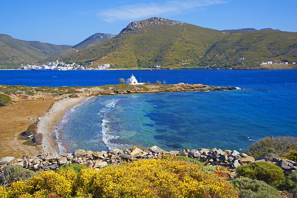 Beach and church, Agios Panteleimon, Amorgos, Cyclades, Aegean, Greek Islands, Greece, Europe