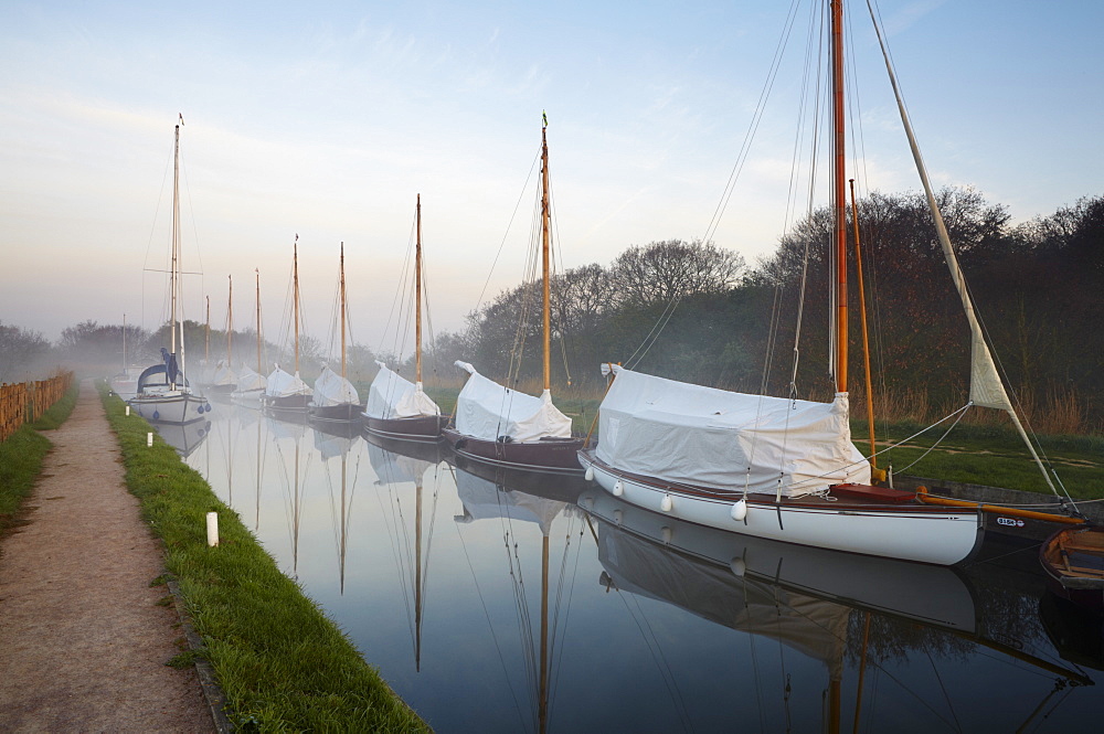 A misty spring morning at Horsey Staithe, Horsey, Norfolk, England, United Kingdom, Europe