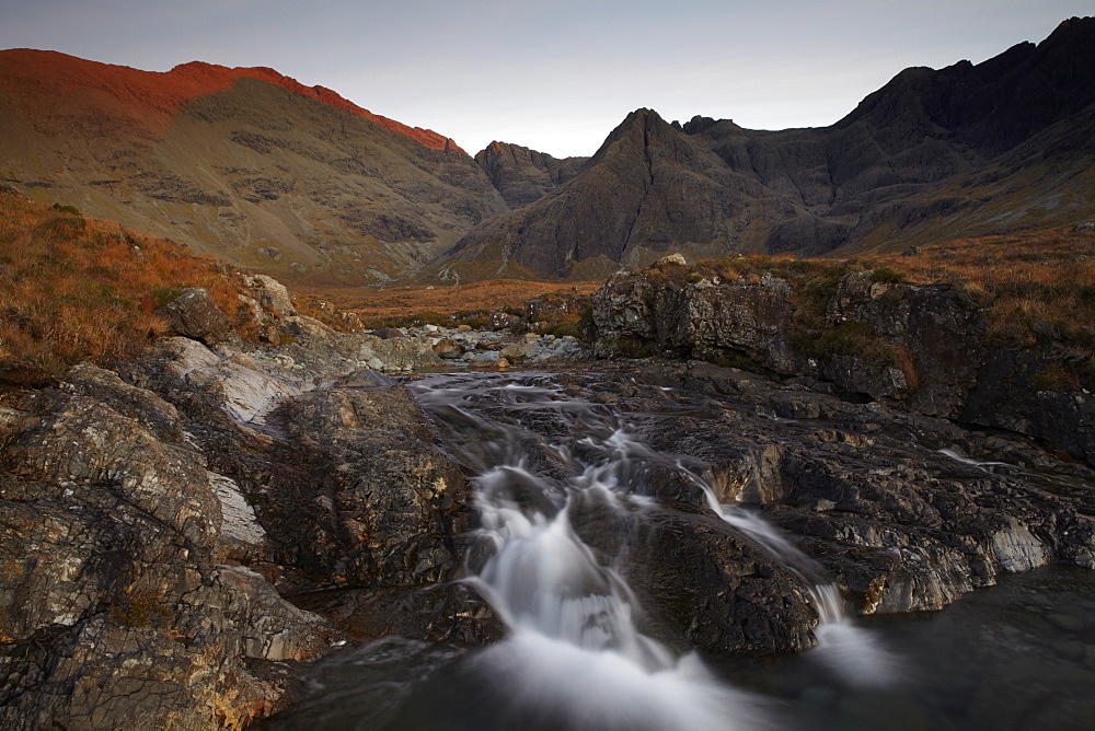 The Black Cuillin Hills viewed from the Fairy Pools circuit, Glen Brittle, Isle of Skye, Inner Hebrides, Scotland, United Kingdom, Europe