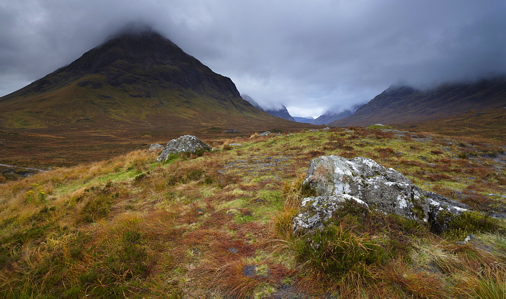 Low cloud hangs over Glencoe, Argyll, Scotland, United Kingdom, Europe