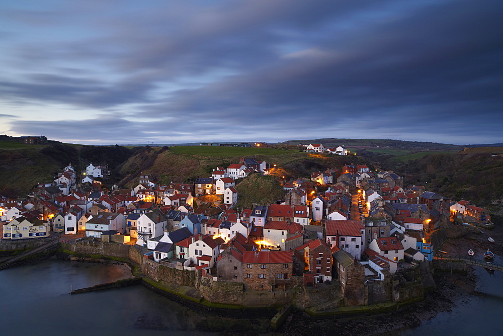 The view from Cowbar of the fishing village of Staithes, North Yorkshire, England