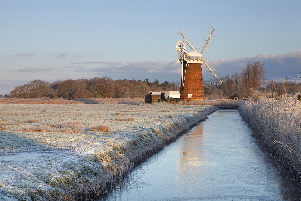 A frosty winter morning in the Norfolk Broads showing Horsey Mill, Horsey, Norfolk, England, United Kingdom, Europe